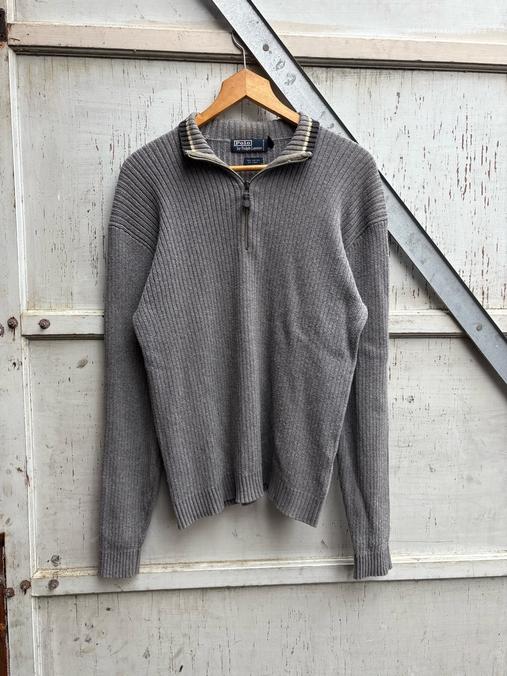 Vintage 90s Polo Ralph Lauren Gray Quarter Zip Up Ribbed Sweater Men’s L